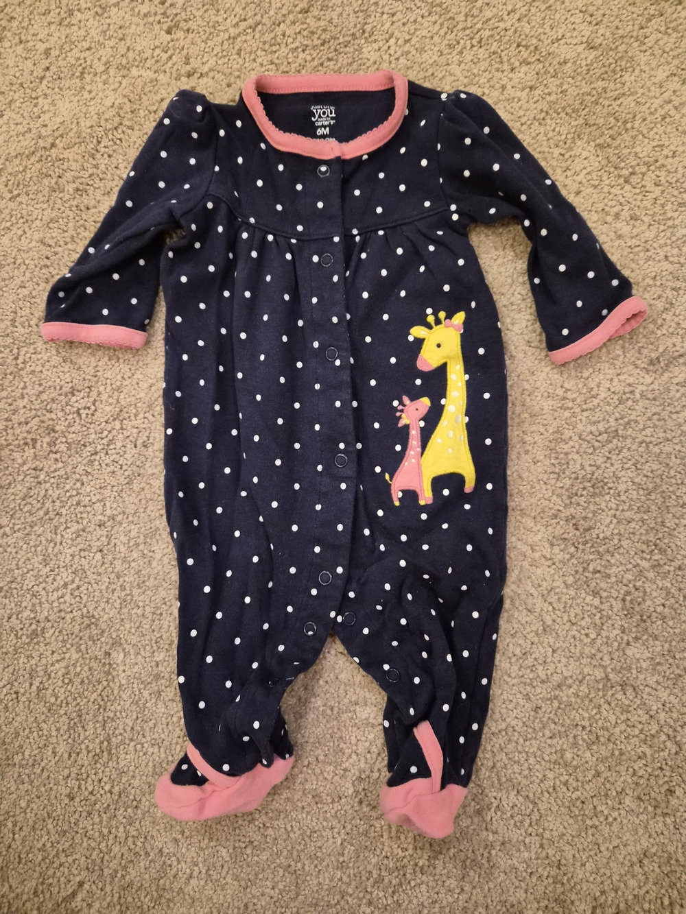 Girls Carter's Navy Polka Dot Footed One-Piece Pink Trim Giraffe 6 Months